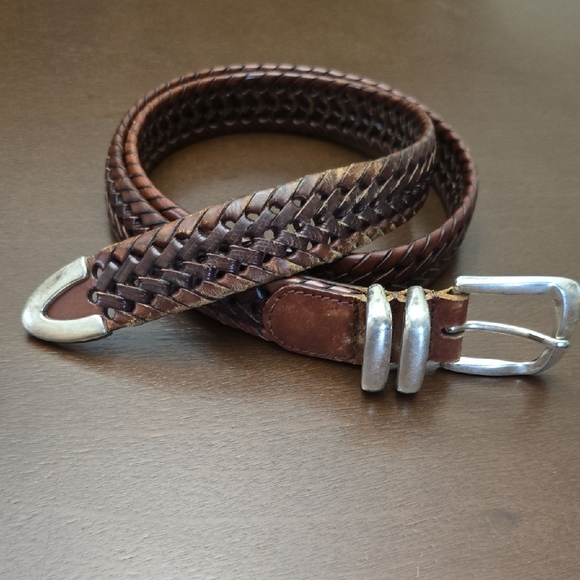 FOSSIL Men's 42" Brown Leather Braided Belt Silver Details - Picture 1 of 2